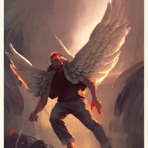 Image similar to angel protecting man, detailed intricate ink illustration, happy atmosphere, detailed illustration, hd, 4k, digital art, overdetailed art, by greg rutkowski, by loish, complementing colors, Trending on artstation, movie poster style