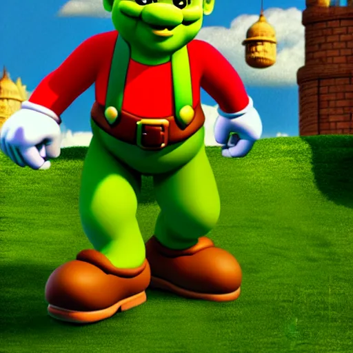 Image similar to super mario as shrek, highly detailed, extremely high quality, hd, 4 k, 8 k, canon 3 0 0 mm, professional photographer, 4 0 mp, lifelike, top - rated, award winning, realistic, detailed lighting, detailed shadows, sharp, no blur, edited, corrected, trending