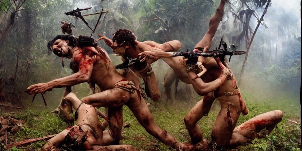 Image similar to battle in jungle, brutal Indians fight, epic camera perspective, old camera, blood, slight inspiration of Boris vallejo and apocalypto, war photography