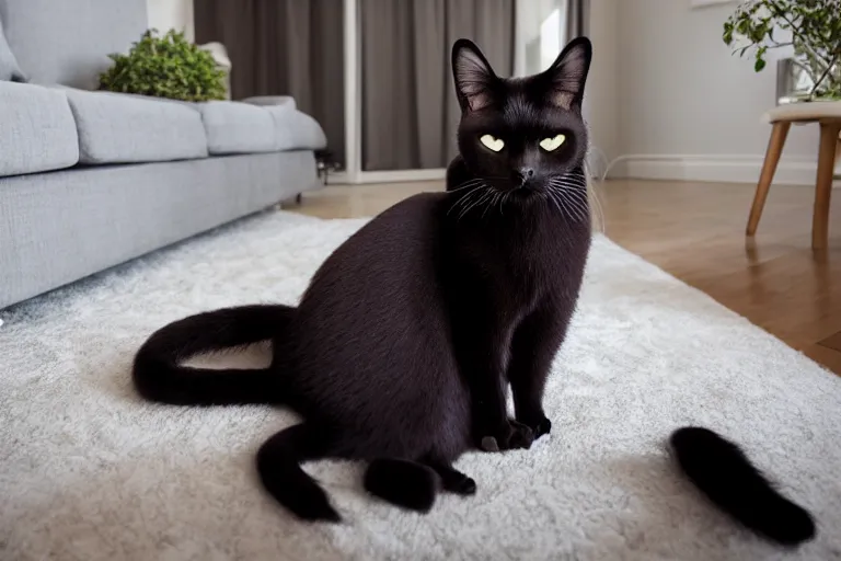 Image similar to dark, large very beautiful balinese cat in finnish living room, beautiful, photorealistic, hyperrealistic, highly detailed, high resolution, 4 k