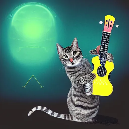 Prompt: variations of Schrodinger\'s cat playing the ukelele, many-worlds interpretation of quantum reality, digital art