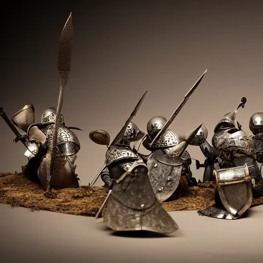 Image similar to photo of a diorama of mice in medieval battle armor, studio lighting, nikon lens, black background
