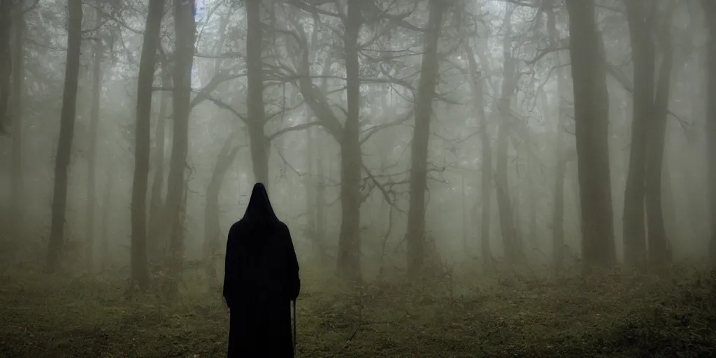 Image similar to a close shot of a grim reaper standing in a forest, detailed, style of flooko, mythical, mist, depressing, tired, dark, lush, nature, mist, mystery, glows, somber, dismal, fog, heavy fog, dark lighting, rim light, glow, ambient light, cybernetic, sci-fi,