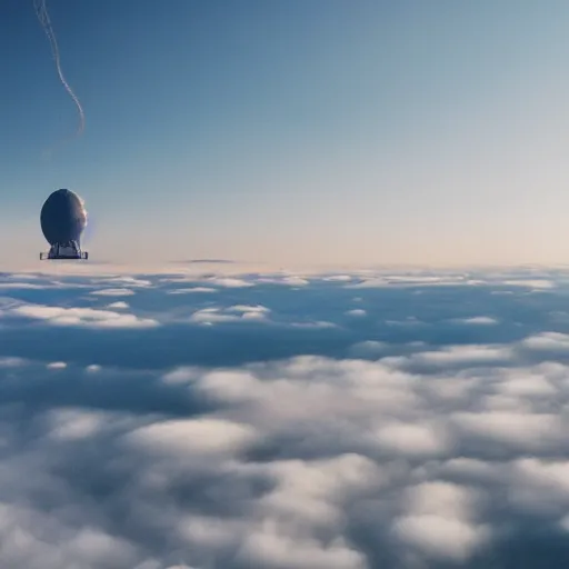 Prompt: a plane photo of a flying city fussed with a blimp in the sky, in the bottom there is fog and clouds