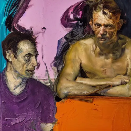 Image similar to high quality high detail expressionist painting of two men at a bar by nicola samori and lucian freud and jenny saville and norman rockwell and francis bacon and edvard munch, hd, anxiety, turquoise and purple and orange and pink