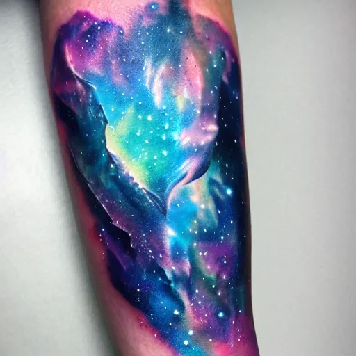 Image similar to A galaxy wolf shaped nebula watercolor tattoo, advanced,