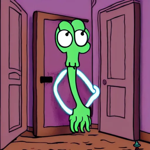 Image similar to squidward in a scary room