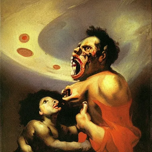 Image similar to saturn devouring his son, painting by francisco goya, oil painting