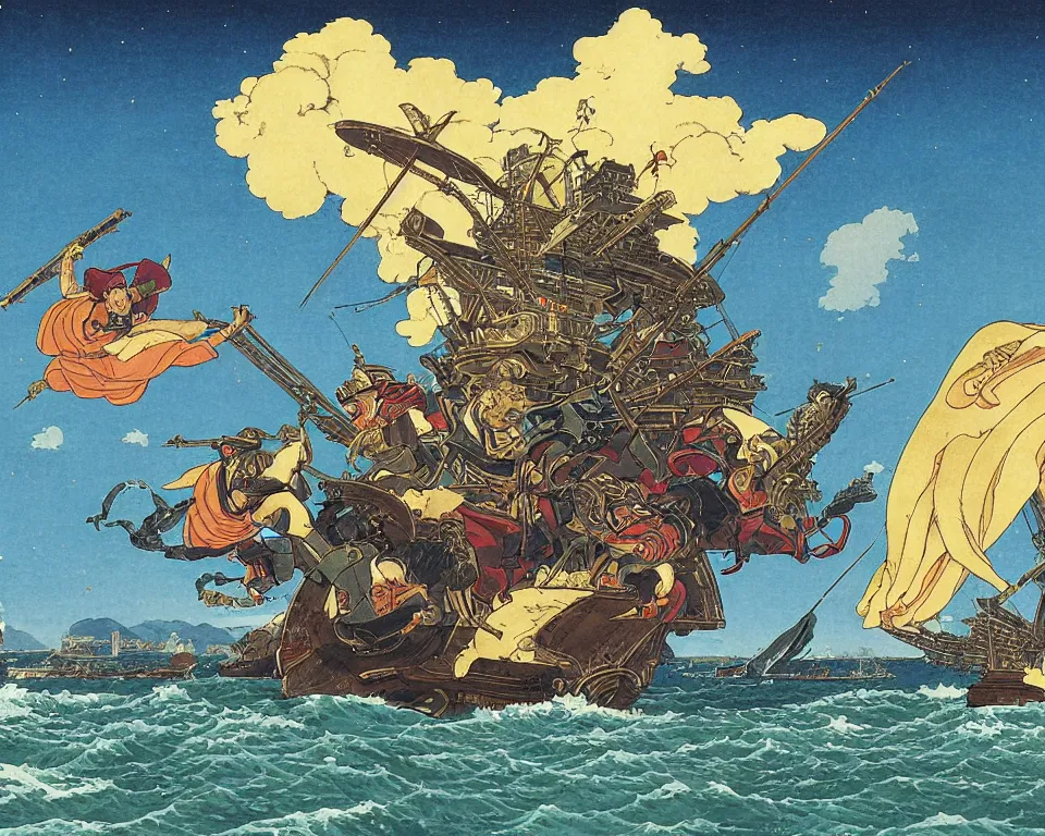 Prompt: the golden age of intergalactic piracy by Raphael and Hasui Kawase.