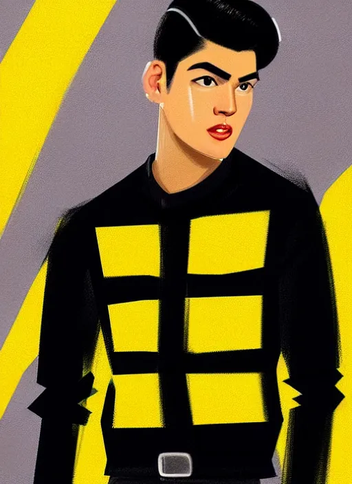 Image similar to portrait of young reggie mantle, mean smirk, egotistical, slicked back hair, striped yellow and black sweater, 1 9 5 0 s, intricate, elegant, glowing lights, highly detailed, digital painting, artstation, concept art, smooth, sharp focus, illustration, art by wlop, mars ravelo and greg rutkowski