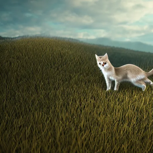 Image similar to an image of a cat on a hill in a rural appalachian landscape, octane render, detailed, 8 k resolution, hyperrealistic