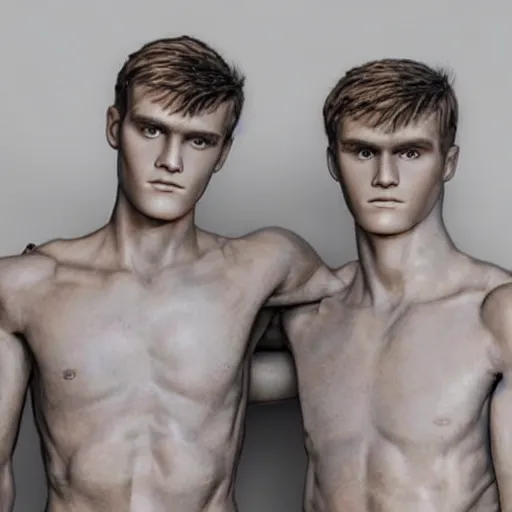 Image similar to a realistic detailed photo of a guy who is an attractive humanoid who is half robot and half humanoid, who is a male android, soccer player martin ødegaard, shiny skin, posing like a statue, blank stare, in a living room, on display, showing off his muscles, with a twin