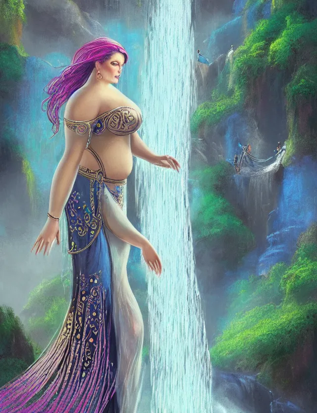 Prompt: full - figured techno - embroidered androgyne with filigree and beads walks by a waterfall in the sky, safe for work, vivid pastel color scheme, by award - winning concept artist, dynamic composition, backlighting, radiant light