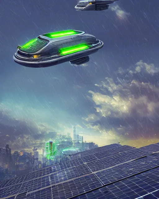 Image similar to solarpunk vehicle above a city, scifi, futuristic, bright light, highly detailed, concept art, green plants, research complex, school, white building, drones, solar panels, flowers, utopia, sharp focus, trending on artstation, intricate, atmosphere, raining, art by roman makarenko, dzung phung dinh