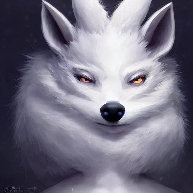 Prompt: a beautiful portrait of a cute anthropomorphic humanoid white wolf fursona. big eyes. character design by cory loftis fenghua zhong ryohei hase isma