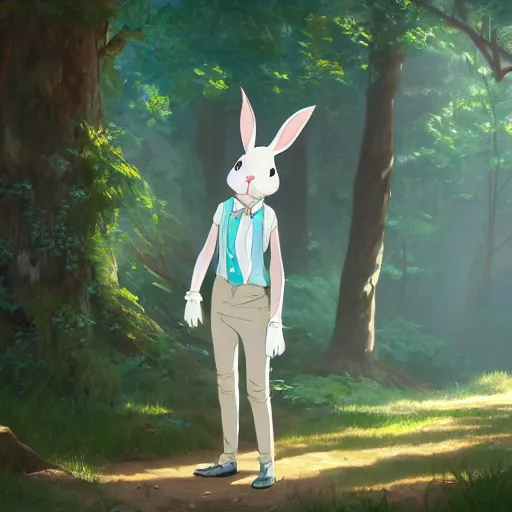 Image similar to concept art painting of an anthropomorphic white rabbit wearing a turquoise blouse, in the deep forest, realistic, detailed, cel shaded, in the style of makoto shinkai and greg rutkowski and james gurney