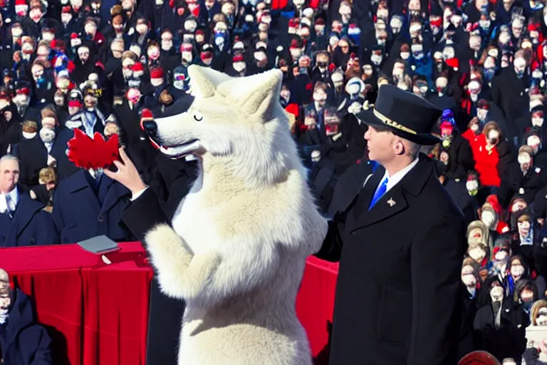 Image similar to photo of the usa presidential inauguration, a wolf fursuiter being inaugurated as president