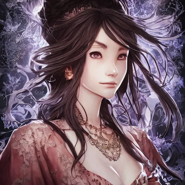 Image similar to the portrait of the lawful evil sorceress lawyer as an absurdly beautiful, graceful, elegant, sophisticated, anime teen, an ultrafine hyperdetailed illustration by kim jung gi, irakli nadar, intricate linework, bright colors, octopath traveler, final fantasy, unreal engine 5 highly rendered, global illumination, radiant light, detailed and intricate environment