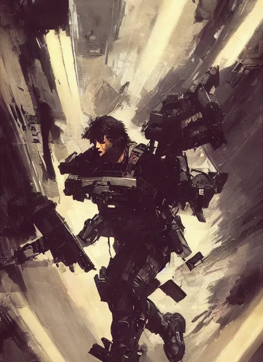 Image similar to Leni Robredo wearing metal gear armor holding a shotgun dramatic lighting art by Yoji Shinkawa by Richard Schmid by greg rutkowski by Sandra Chevrier by Jeremy Lipking cinematic dramatic