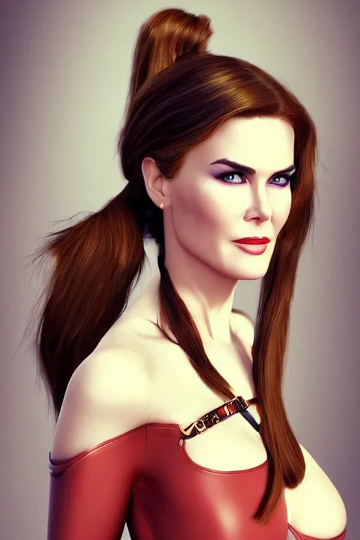 Image similar to mix of beautiful young maria shriver, mariel hemmingway, brooke shields, nicole kidman and elle macpherson as a dominatrix, thin lips, hair tied up in a pony tail, dark blonde hair, colorful, deviantart, artstation, cgsociety