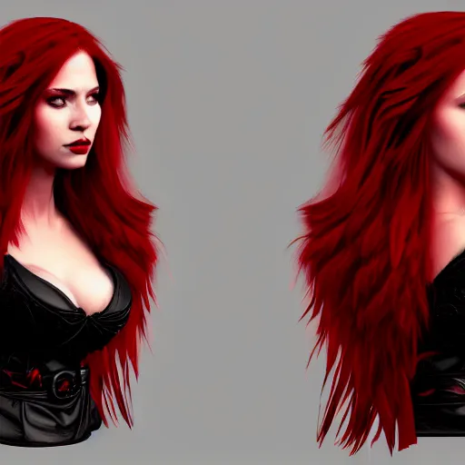 Prompt: beautiful female mage with red hair, black clothing, dark feathered wings, intricate, highly detailed face, trending on artstation, dramatic lighting, 4 k