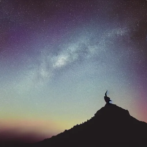 Image similar to Film still of silhouette of indian statue, sukhasana, starry sky, flying saucer, with radiating hill, full shot