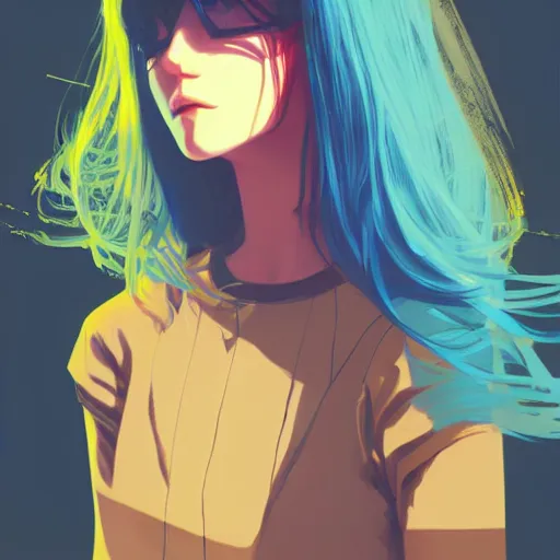 Image similar to ilya kuvshinov with long sky blue hair, gold eyes, boy face, professional digital illustration, somber, digital art, concept art, award - winning photography, cinematic, wlop, color block, art by andy warhol, pixiv art, yoshitaka amano