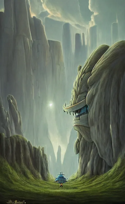 Image similar to hyperrealist painting of a giant chibi kaiju from howl's moving castle ( 2 0 0 4 ) in a flooded monument valley stonehenge jungle. 1 9 7 0 s science fiction, moody, misty, depth perception, 4 k, artstation, in the style of studio ghibli