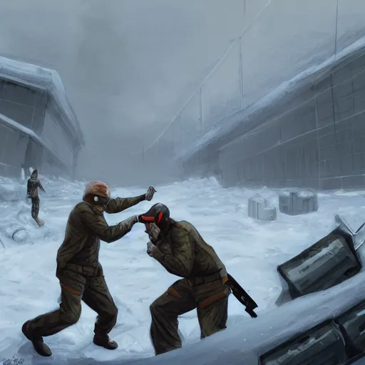 Image similar to Solid Snake and Gordon Freeman fight on an abandoned military base, winter, very detailed, hyper realism, epic, close-up fight, digital art, concept art, illustration, artstation, cgi, 4k