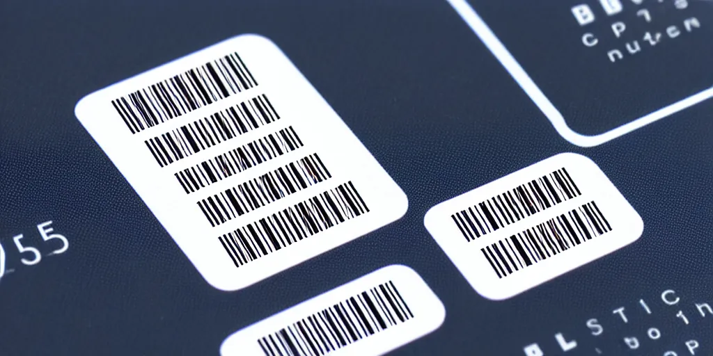 Prompt: a detailed futuristic shipping label with multiple sections for a barcode and built in chip centered on a white background