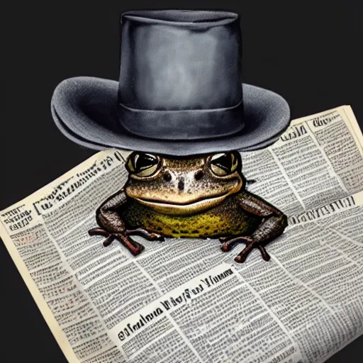 Image similar to a toad on the toilet reads a newspaper in a hat and smokes a pipe 4 k full nd, hyperrealism