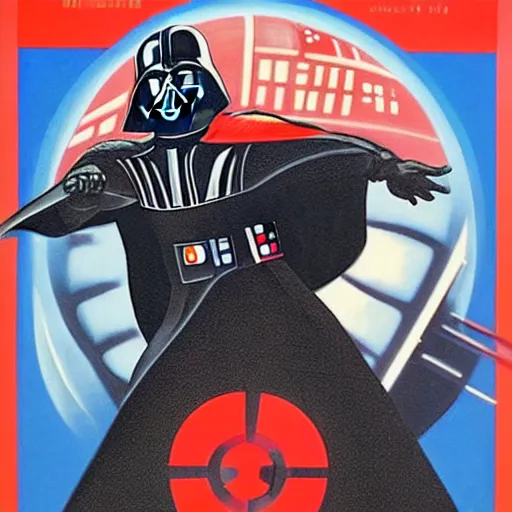 Image similar to darth vader in soviet space propaganda poster