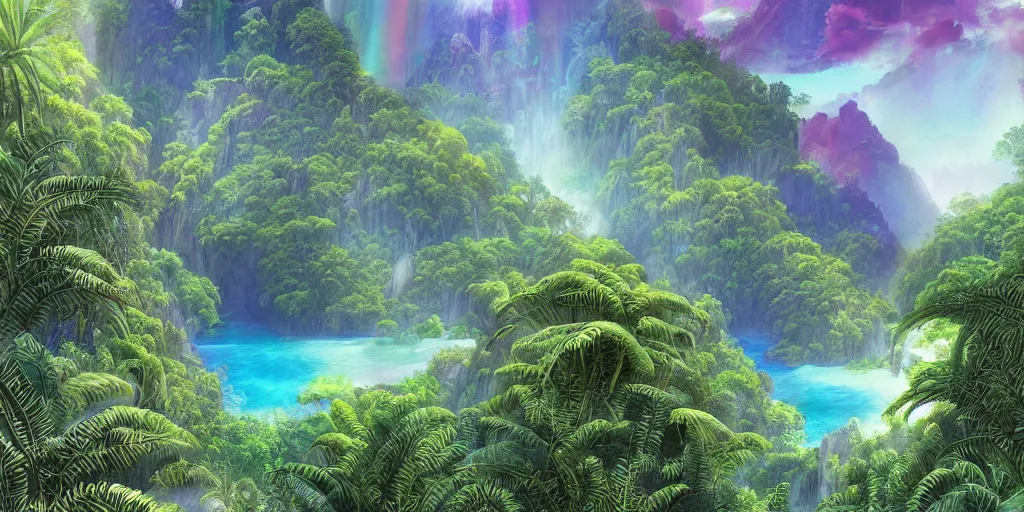 Prompt: a beautiful detailed matte painting of a rainbow crystal with ferns growing out of it, pattern, fractals, raphael lacoste, trending on artstation. Bright trippy tropical island beach, anime vacation.