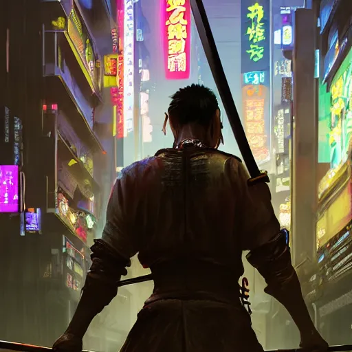 Image similar to close view matte painting of a japan samurai, holding katana in right hand, cyberpunk city and huge mechanical bridges on the background, rainy night, neon glow concept art, smooth, sharp focus, illustration, cyberpunk 2077, neuromancer, scifi, photorealistic, octane render, 8k, by Peter Andrew Jones and Greg Rutkowski