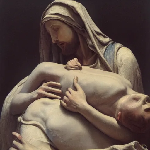 Prompt: a detailed oil painting of The Pieta, by Cravaggio but performed by rabbits