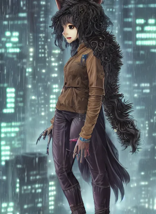 Prompt: character portrait of a female anthro hyena fursona with a cute beautiful attractive face and long black curly hair wearing jedi robes in a cyberpunk city at night while it rains. hidari, color page, tankoban, 4K, tone mapping, Akihiko Yoshida.