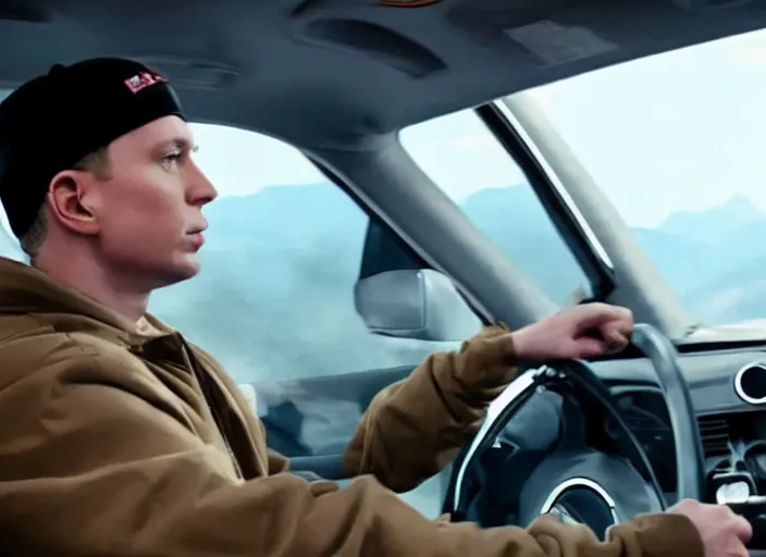 Image similar to a very high resolution image from a new movie, eminem driving a car. inside of a car. alone. mountains, directed by wes anderson