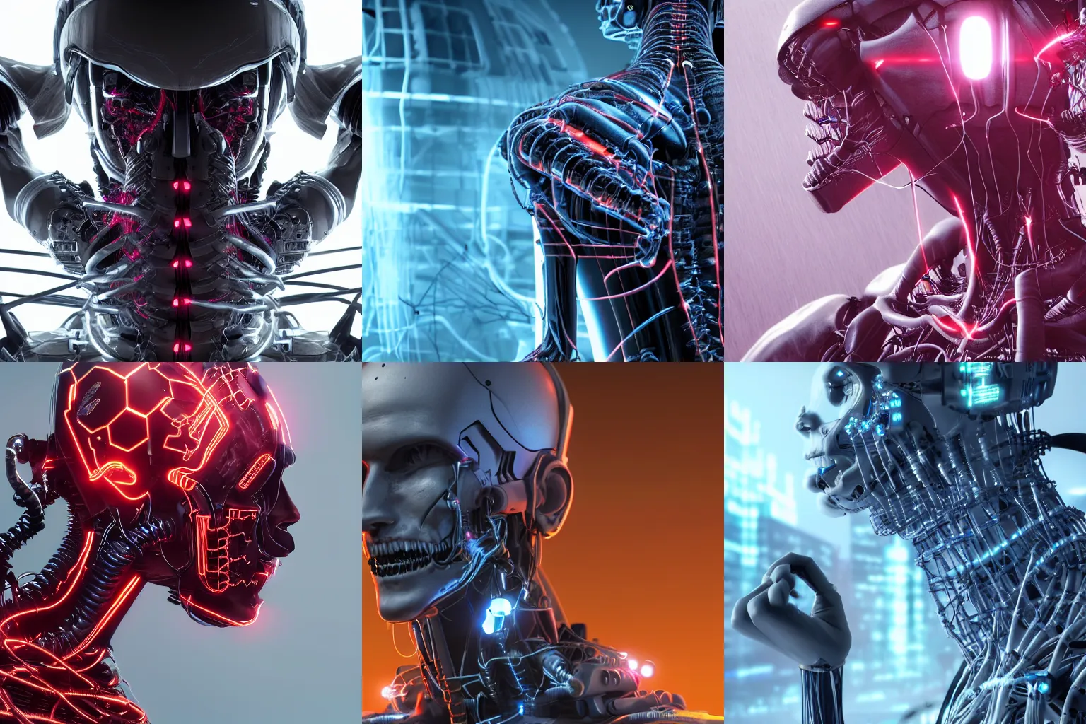 Prompt: close - up cinematic shot of a terrifying ominous evil cyborg charging behind the neck!!!!!, hyper detailed schematics neural sci fi, wires and cables from the back of the neck, high octane cybernetics, featured on cgsociety, ultra 4 k concept turnaround