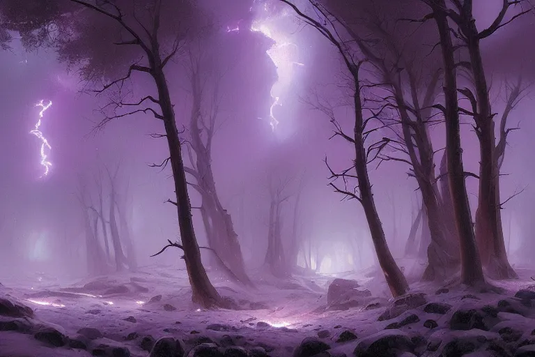 Image similar to a beautiful oil painting of a valley covered in snow, trees with purple, thunderstorm in the sky, blue lighting, gloomy, atmospheric lighting, detailed, beautiful!!, purple bioluminescence, by greg rutkowski, trending on artstation