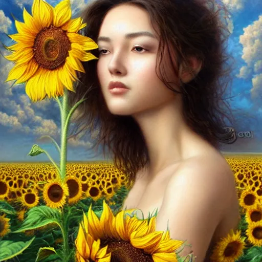 Prompt: a girl slowly walking through amazing tall sunflower field, hair flowing, early morning lightning, bad weather approaching, elegant, subtle, intricate details, real masterpiece, oil on canvas, by karol bak, ayami kojima, artgerm, smile, concept art, fantasy