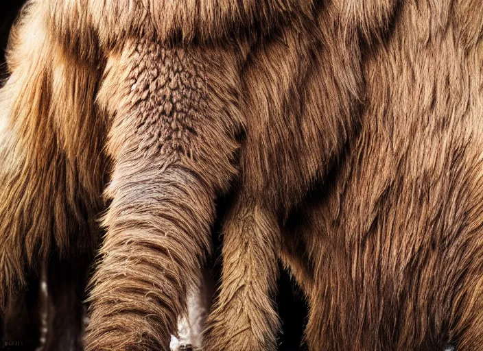 Image similar to closeup of a very wooly brown hairy mammoth, mastodon, mammoth, detailed fur, zoo photography, National Geographic, HD,