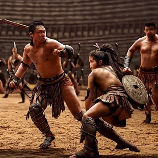 Image similar to amazon warriors fighting in the arena, cinematic, highly detailed, action movie