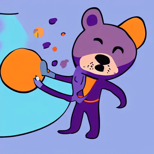 Image similar to cartoon illustration of a bear mascot being launched from a futuristic marble planet, purple and orange cloudland