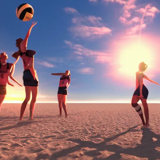 Image similar to Girls playing volleyball on beach, beautiful sunset, very detailed, pixiv scenery art, volumetric lighting, light refraction made by Makoto Shinkai