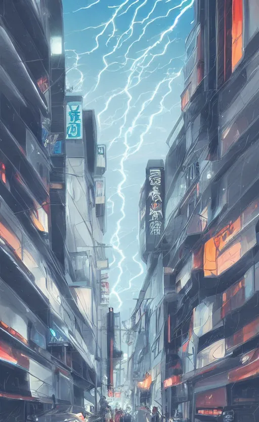 Image similar to tokyo street, lightning bolts in sky, dark sky by artgerm, illustration, trending on artstation, deviantart,