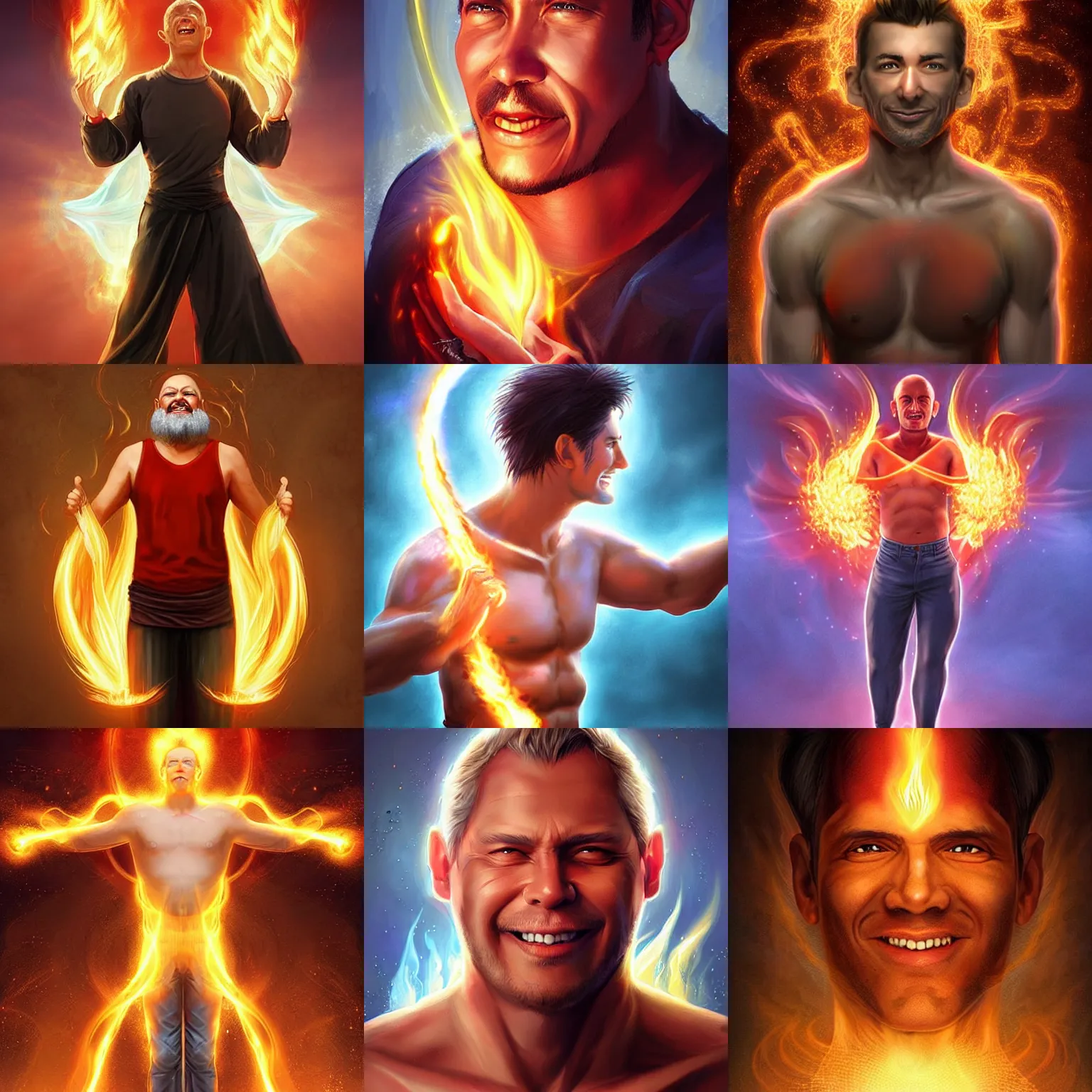 Prompt: a happy man in his early 4 0 s, divine fire powers his body and head, digital art by artgerm