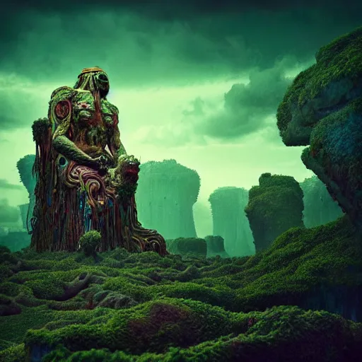 Image similar to ancient giant iridescent dead god being in desolate and lush landscape, moody, :: by James Jean, Jeff Koons, Dan McPharlin Daniel Merrian :: ornate, dynamic, particulate, rich colors, intricate, elegant, highly detailed, centered, artstation, smooth, sharp focus, octane render, 3d