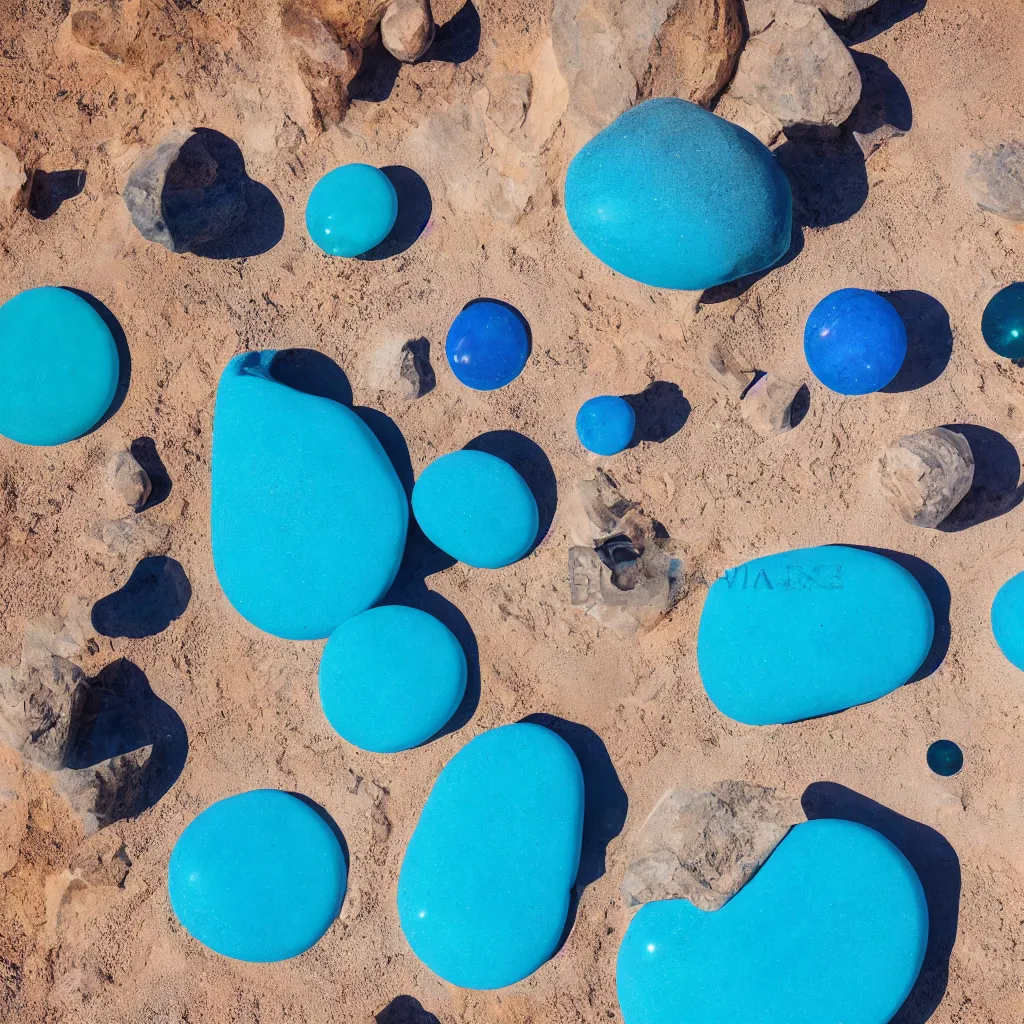 Image similar to obsidian boulders outdoor sculpture, orange sand desert with pools of milky blue water, bubbles, light leaks, birds eye view