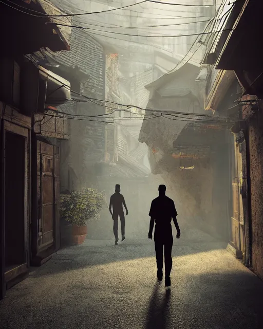 Image similar to artstation scifi scene of two deer - headed shadow, in a chinese town narrow alley, dim lights, long shadows, summer unreal engine 5, hyper realism, realistic shading, cinematic composition, blender render, octane render, hdr, detailed textures, photorealistic, wide shot