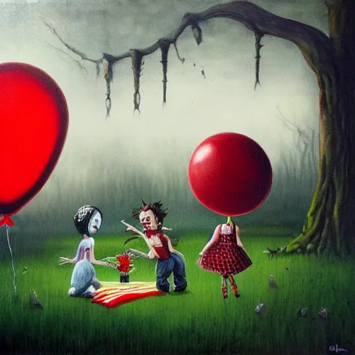 Image similar to grunge painting of a picnic with a wide smile and a red balloon by chris leib, loony toons style, pennywise style, corpse bride style, horror theme, detailed, elegant, intricate, conceptual, volumetric light